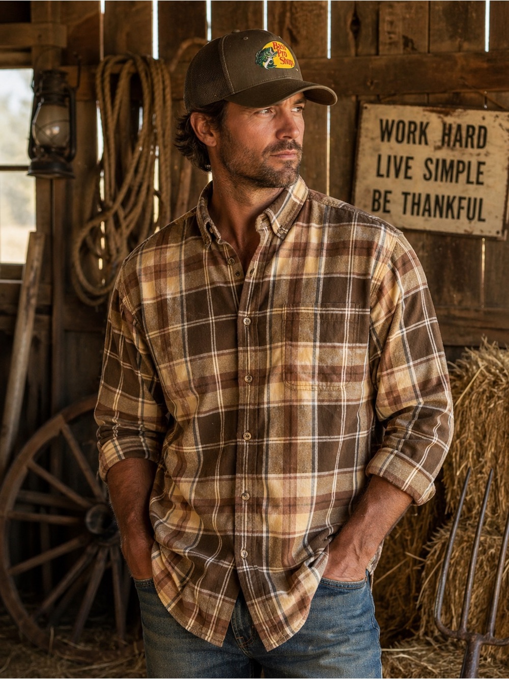 Vintage Y2K Bass Pro Shops Plaid Flannel Shirt Brown Tan XL Button Down